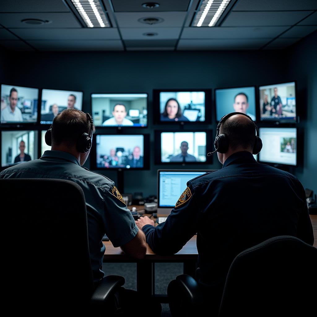 Hospital security personnel monitoring surveillance cameras during a Code Pink drill.