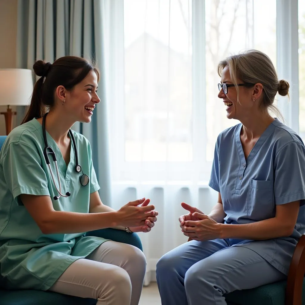 Hospital sitter engaging a patient in conversation