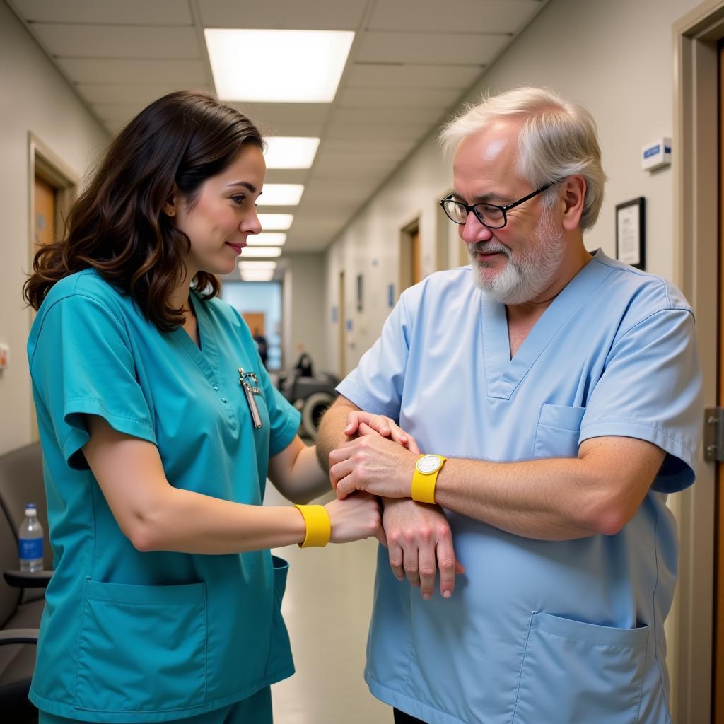 Nurse assisting a patient identified as a fall risk