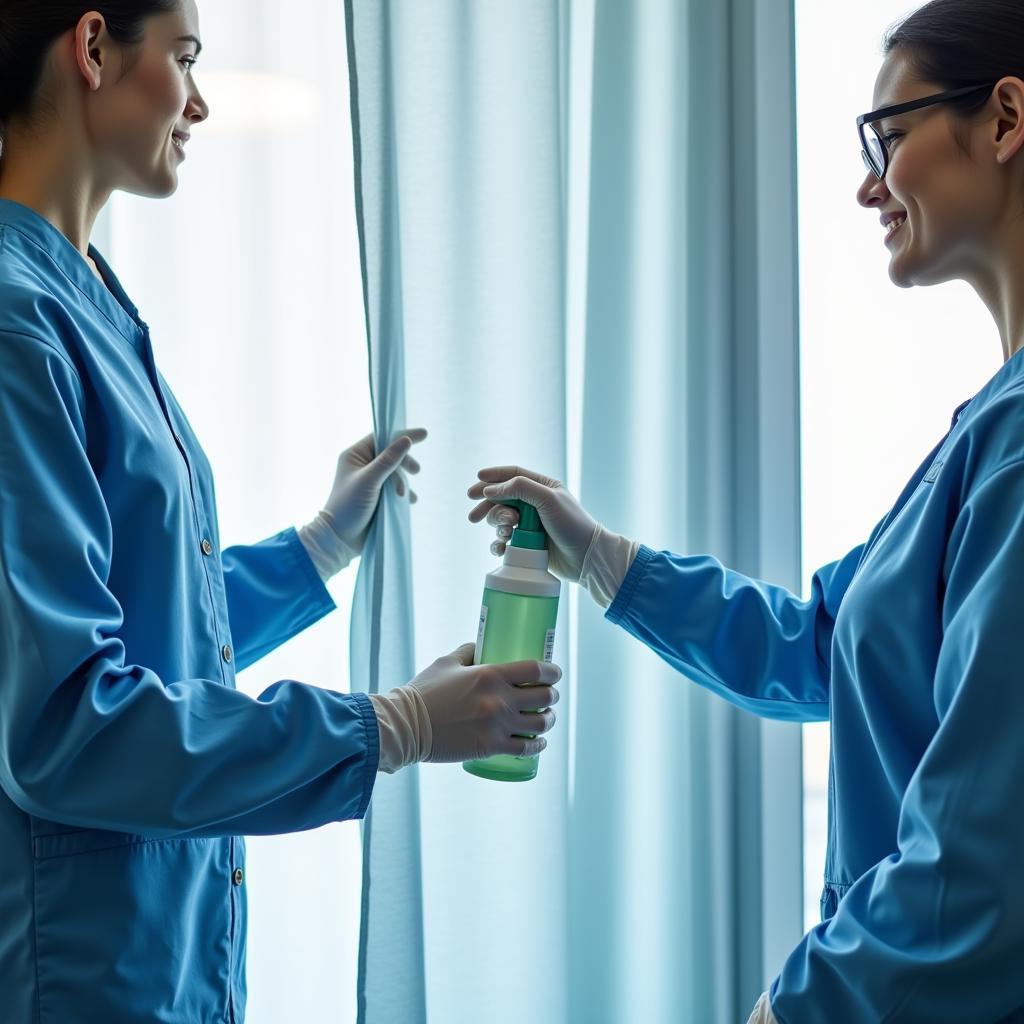 Hospital staff members cleaning divider curtains