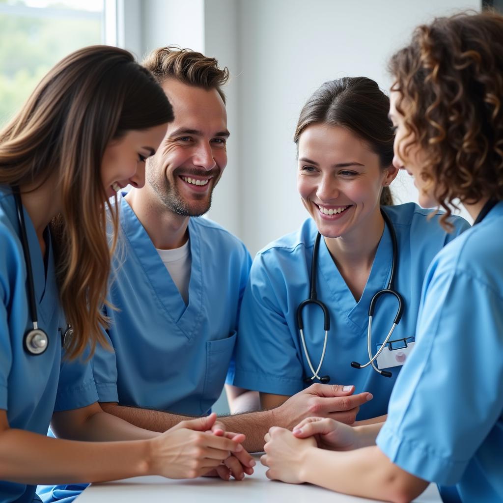 A diverse group of hospital staff engaged in a collaborative meeting, highlighting the teamwork and communication essential to providing exceptional care.