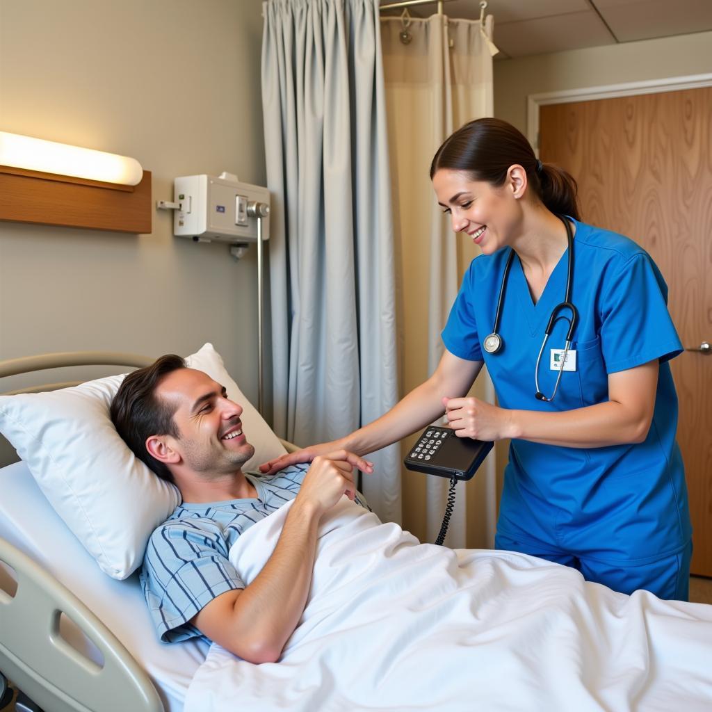 Nurse explaining how to use the hospital phone to a patient