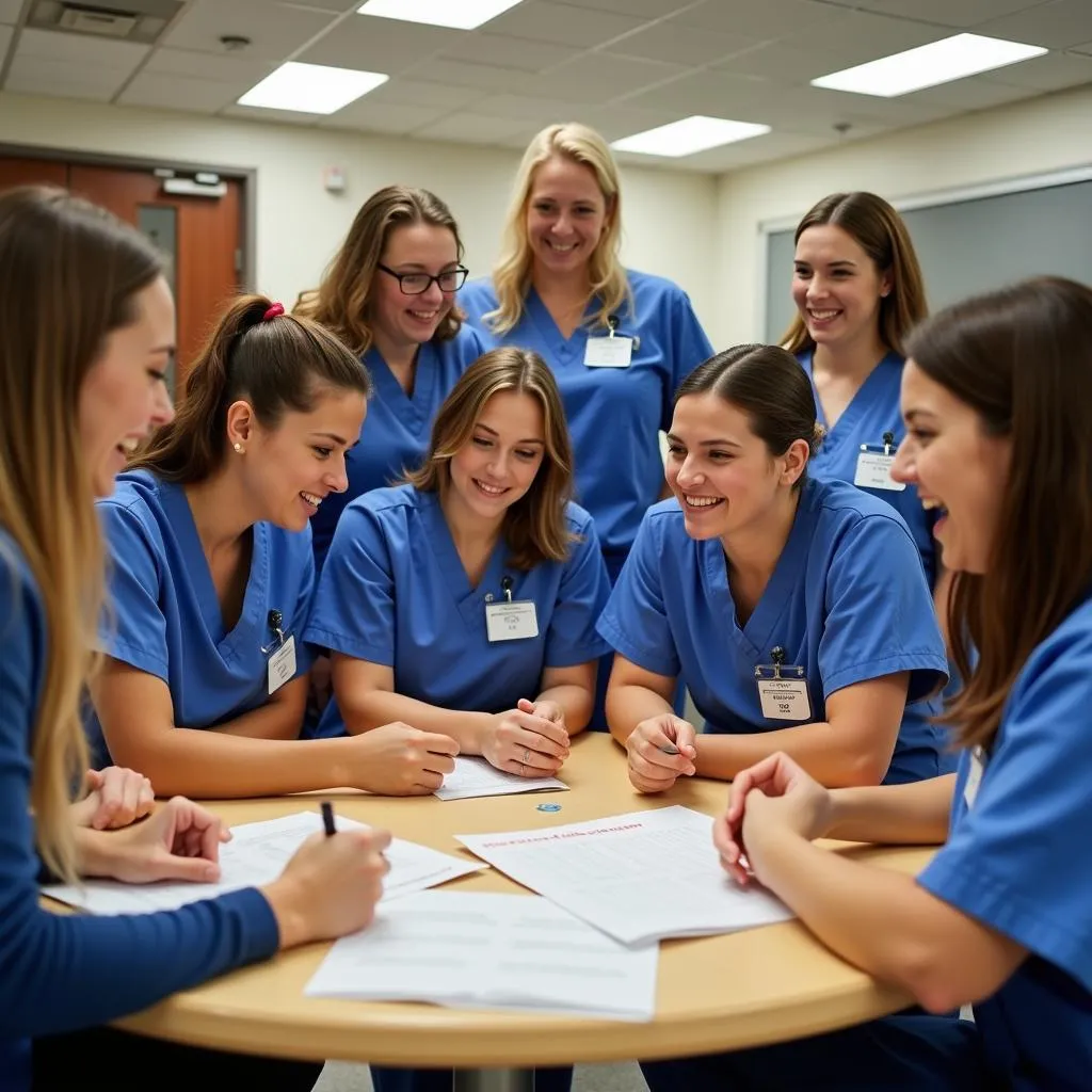 Hospital staff members laughing and participating in a trivia game