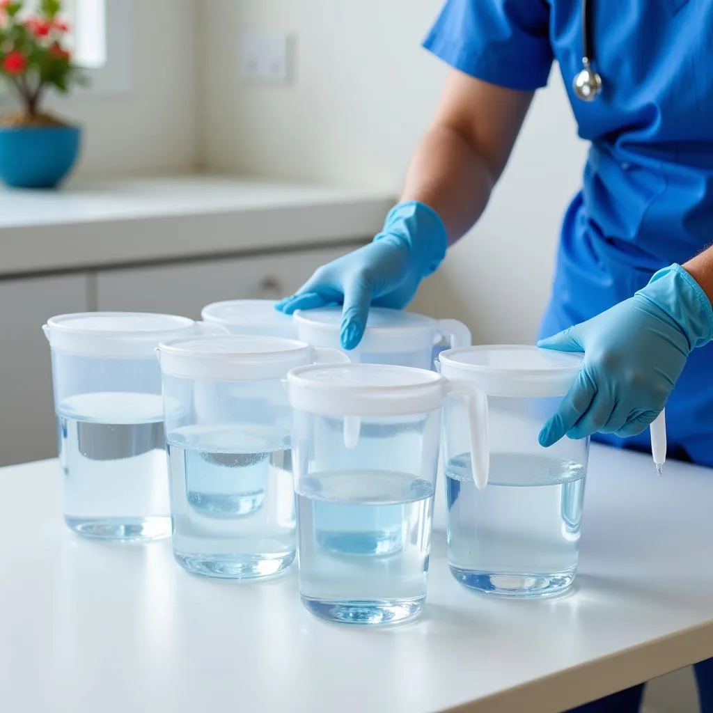 Hospital staff member sanitizing water pitchers