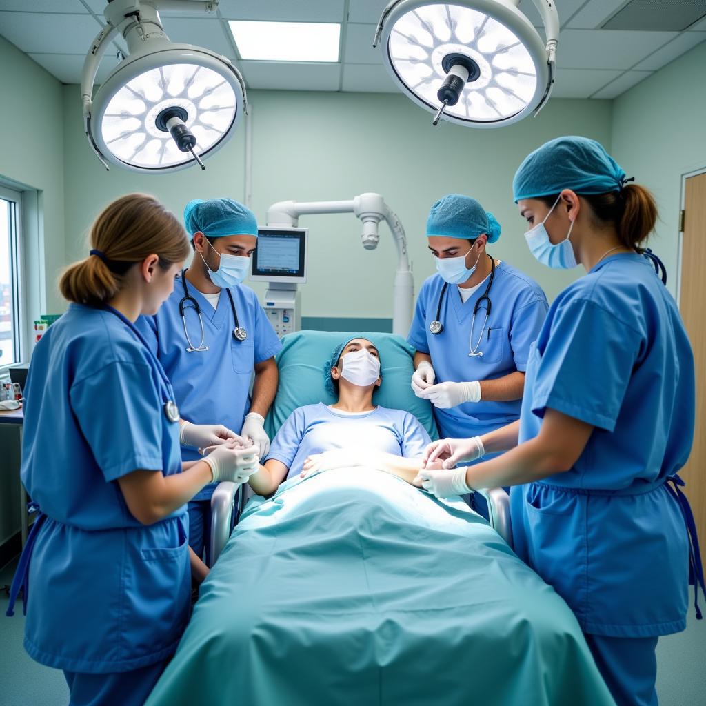 Medical professionals in a modern hospital room attending to a patient