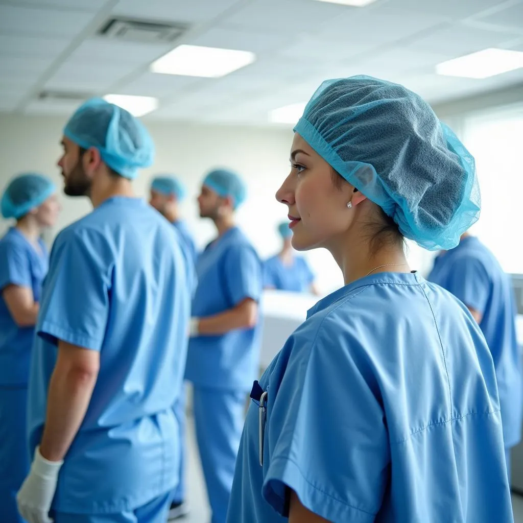 Healthcare professionals wearing hair caps