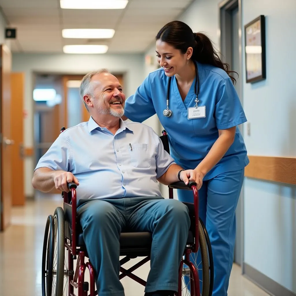 Volunteer Assisting Patient with Wheelchair