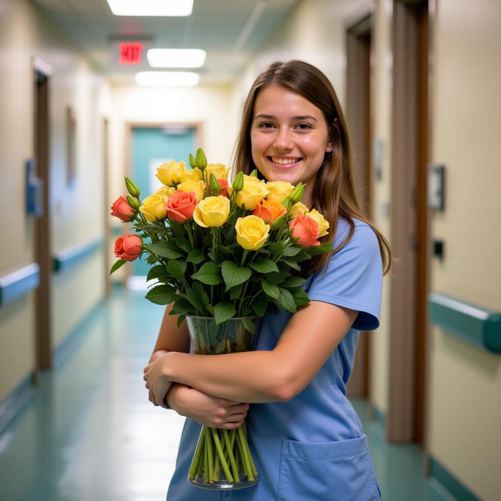 Hospital Volunteer Delivers Flowers to a Patient