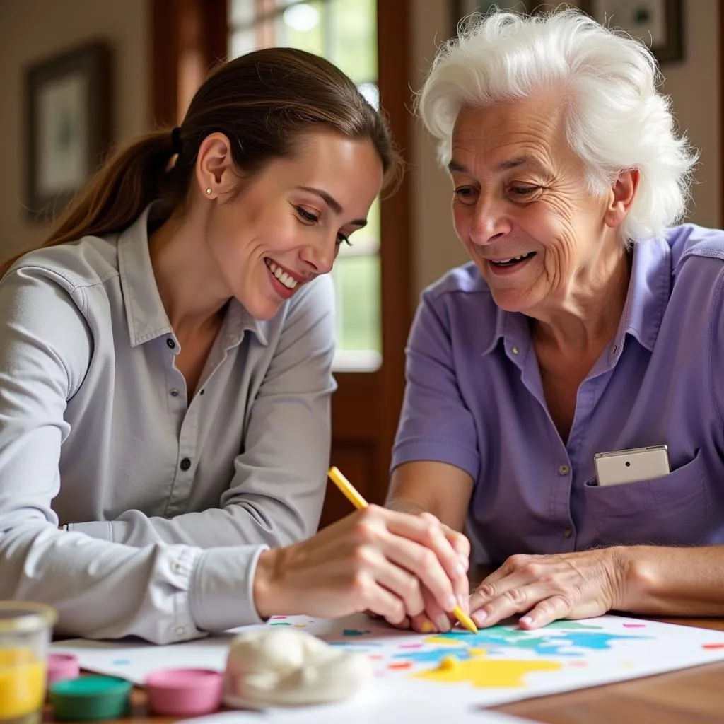 Volunteer and patient participating in art therapy