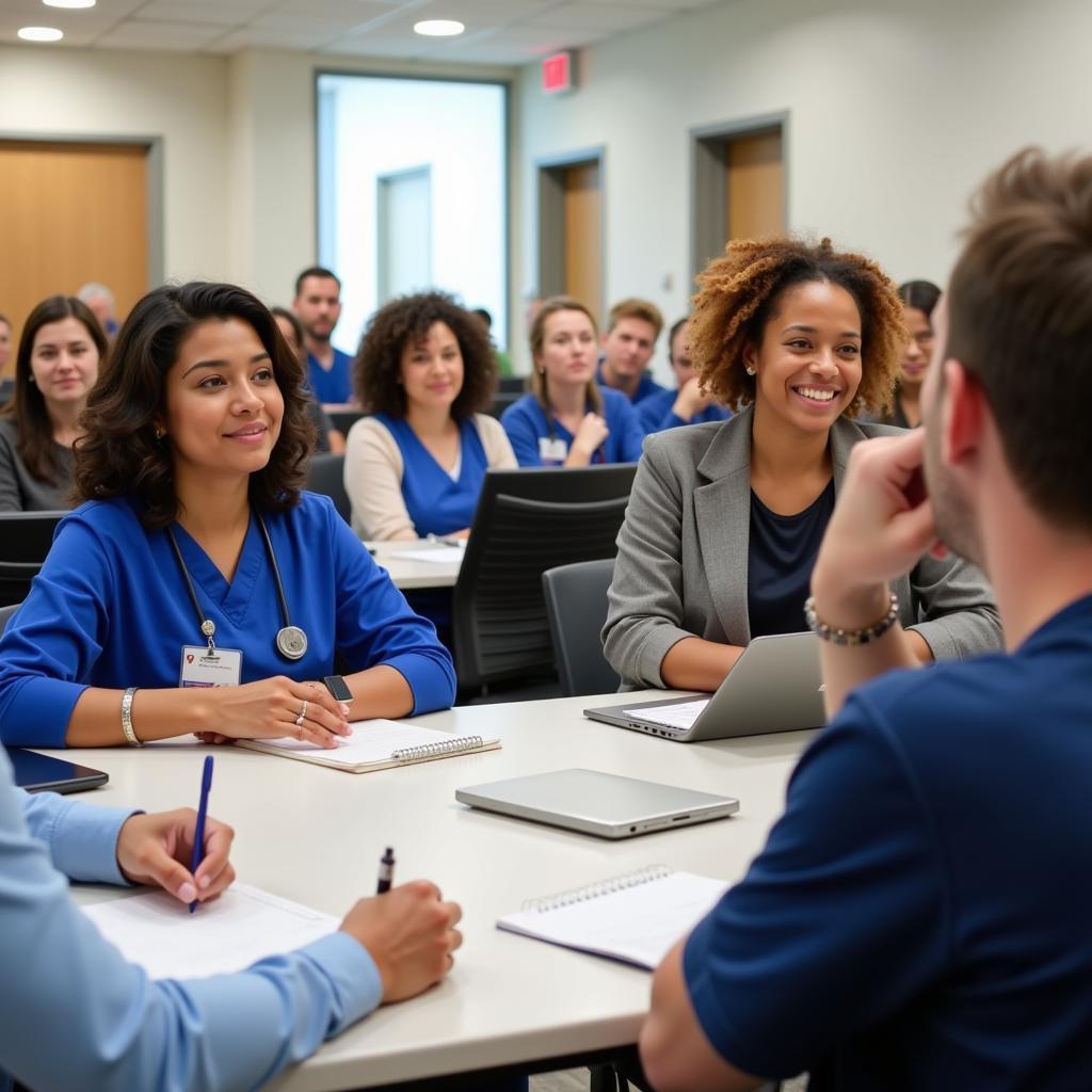 A group of hospital volunteers participating in an orientation session