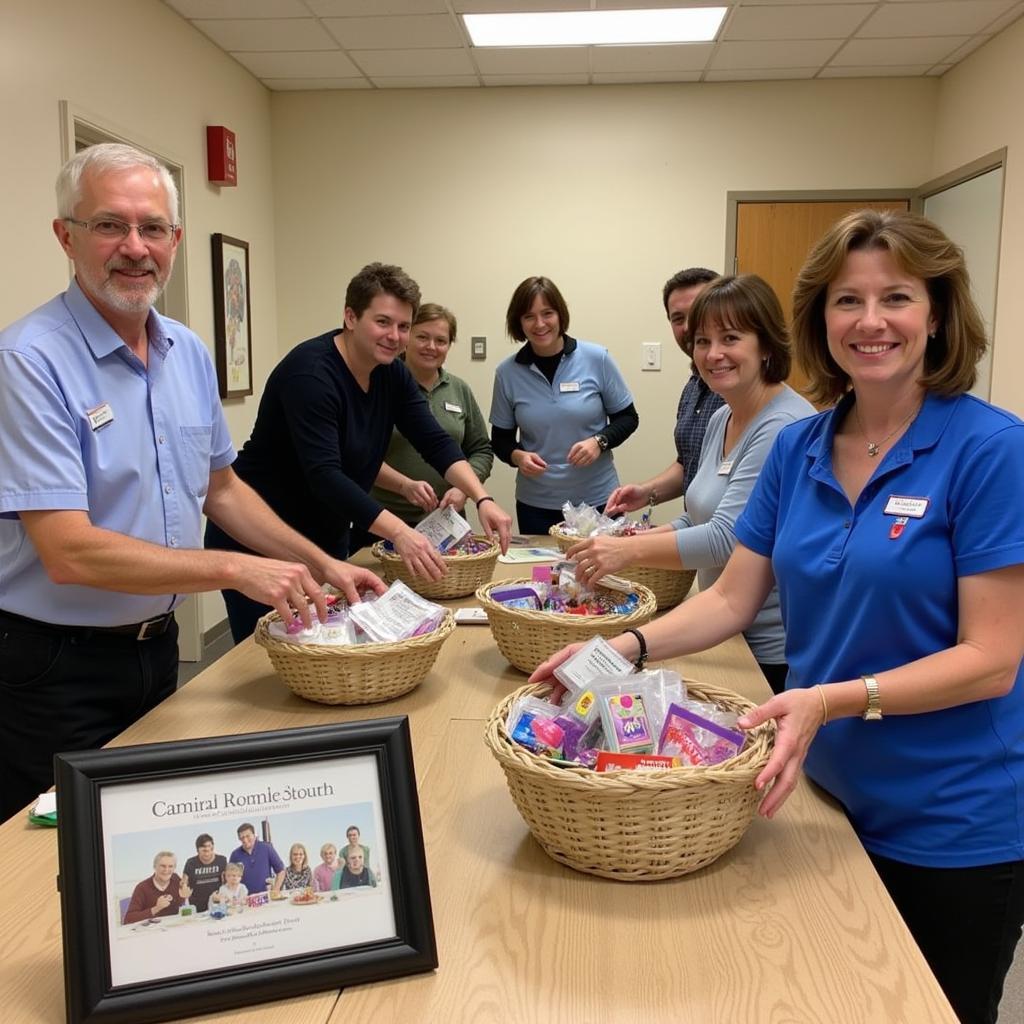 Hospital volunteers preparing gift baskets