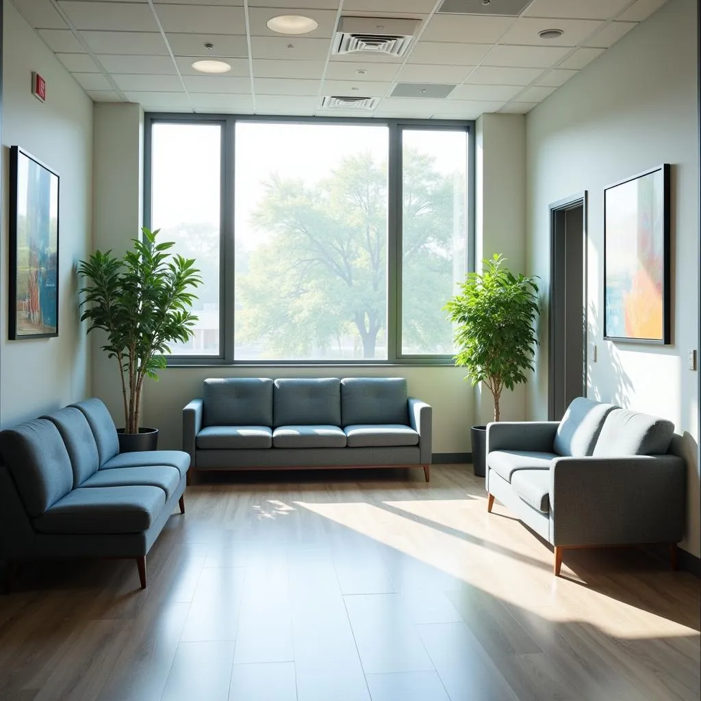 Spacious and comfortable hospital waiting area with patients and visitors