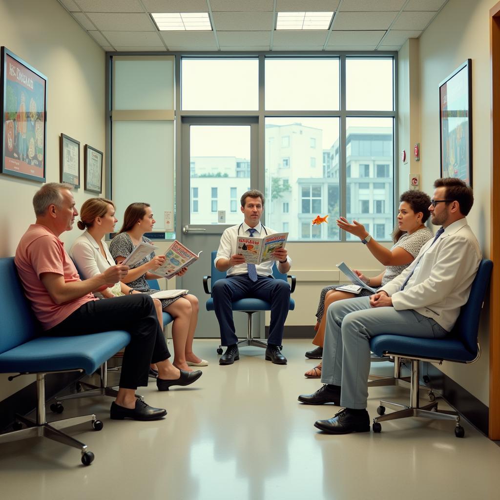 Image of a crowded hospital waiting room with funny details