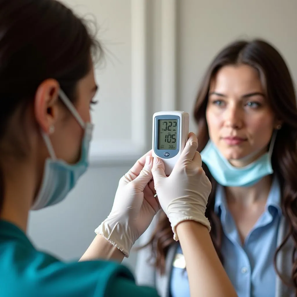 Hospitality aide taking a patient's temperature