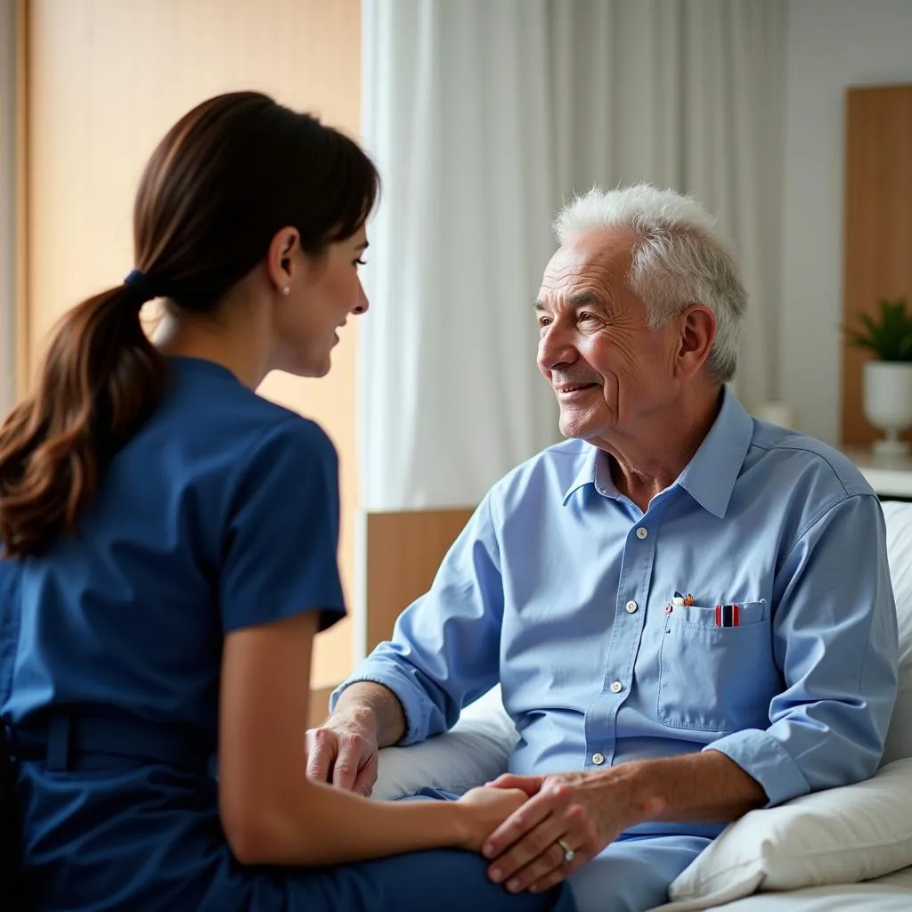 A hospitality aide talks and listens with a patient