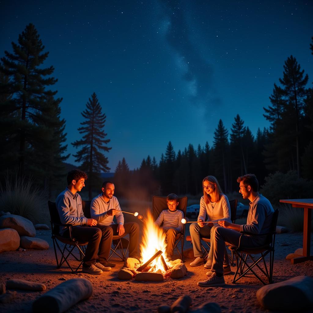 Family gathered around a campfire at Hospitality Creek Campground