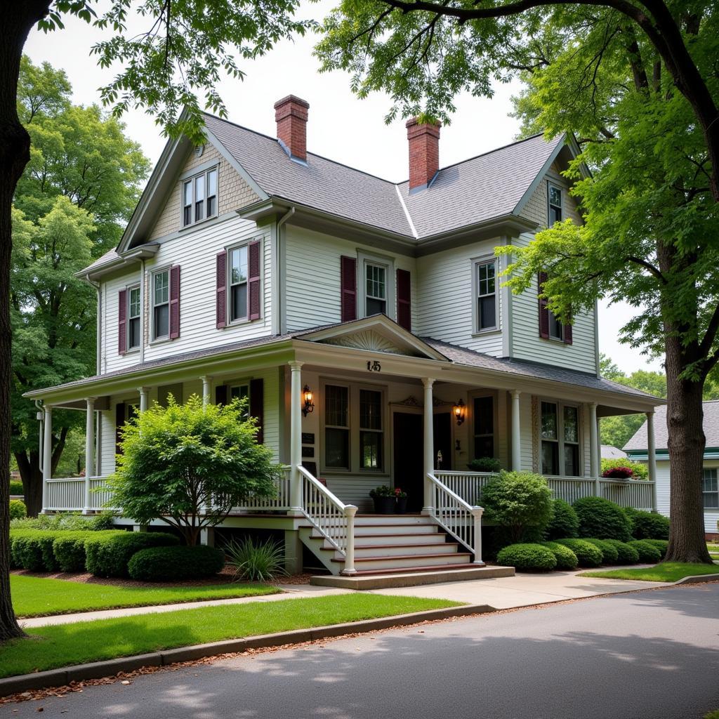 Charming Exterior of Hospitality Inn on a Tree-Lined Street