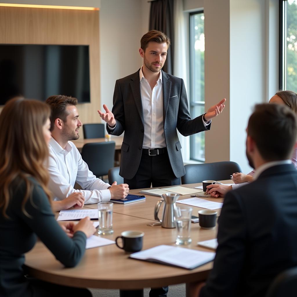 Hospitality project manager leading a team meeting