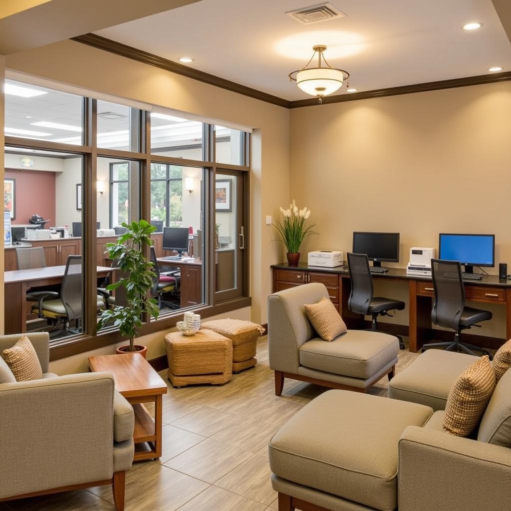 Hotel lobby with comfortable seating and business center