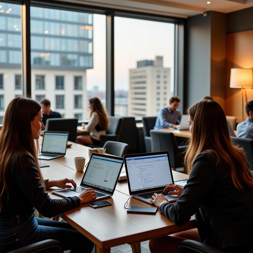 Guests working in a hotel business center with reliable wifi access