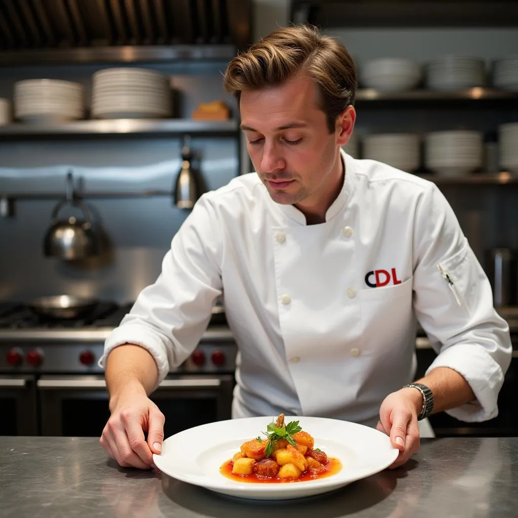 Skilled chef meticulously plating a gourmet dish in the hotel kitchen