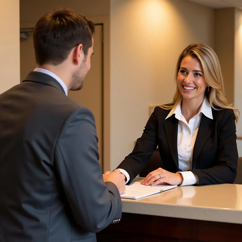 Friendly concierge assisting guest at hotel reception