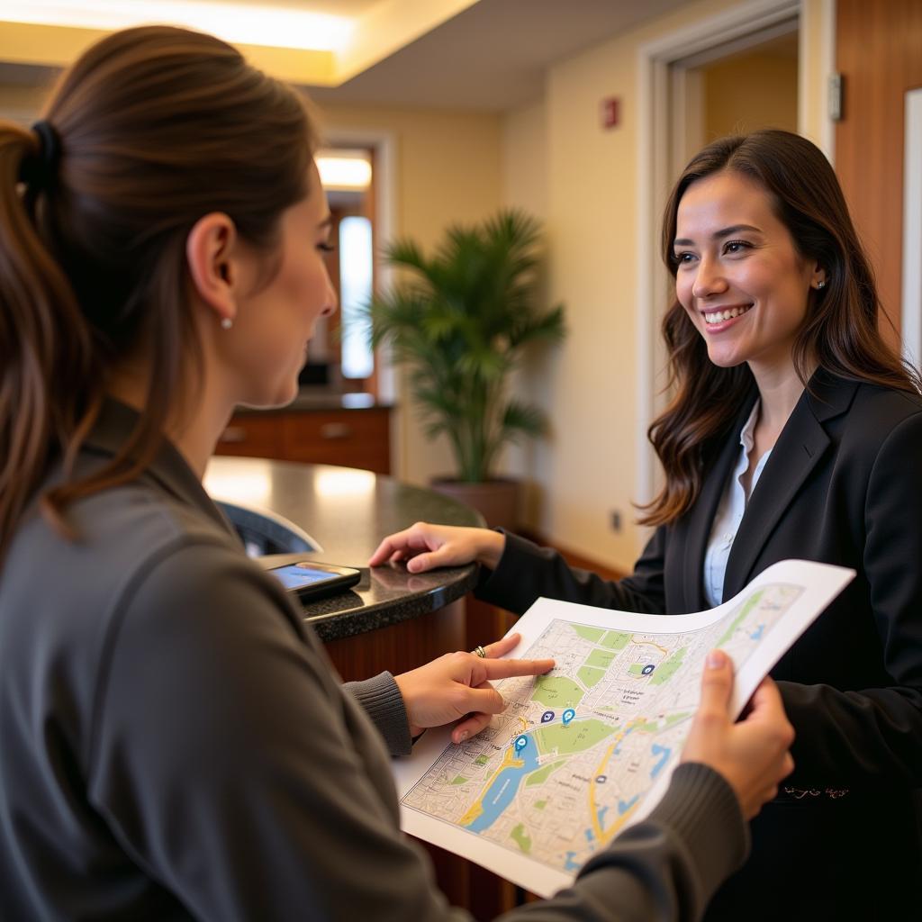 Friendly hotel concierge assisting guest with a map of Pittsburgh