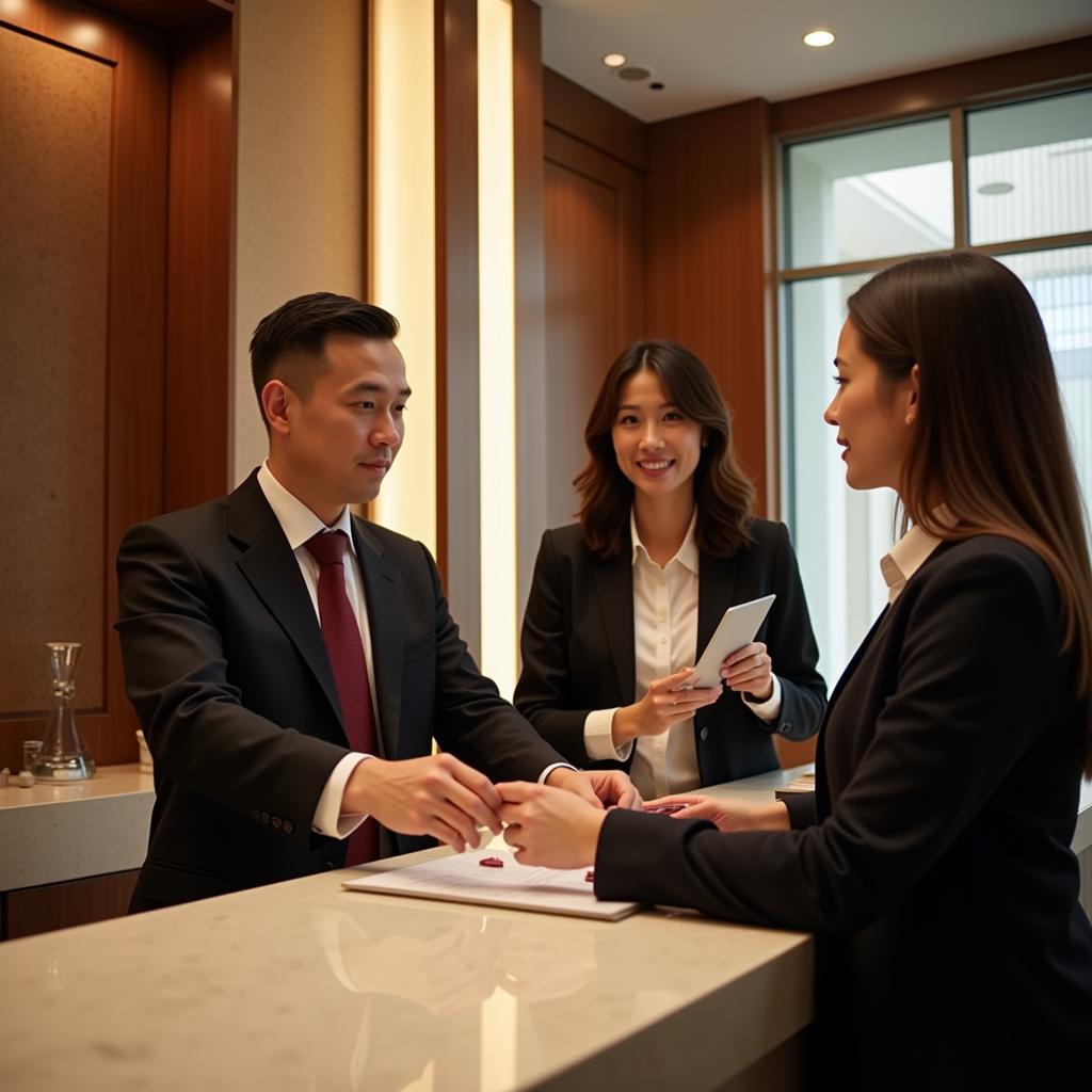 Friendly hotel concierge assisting guests at the reception desk