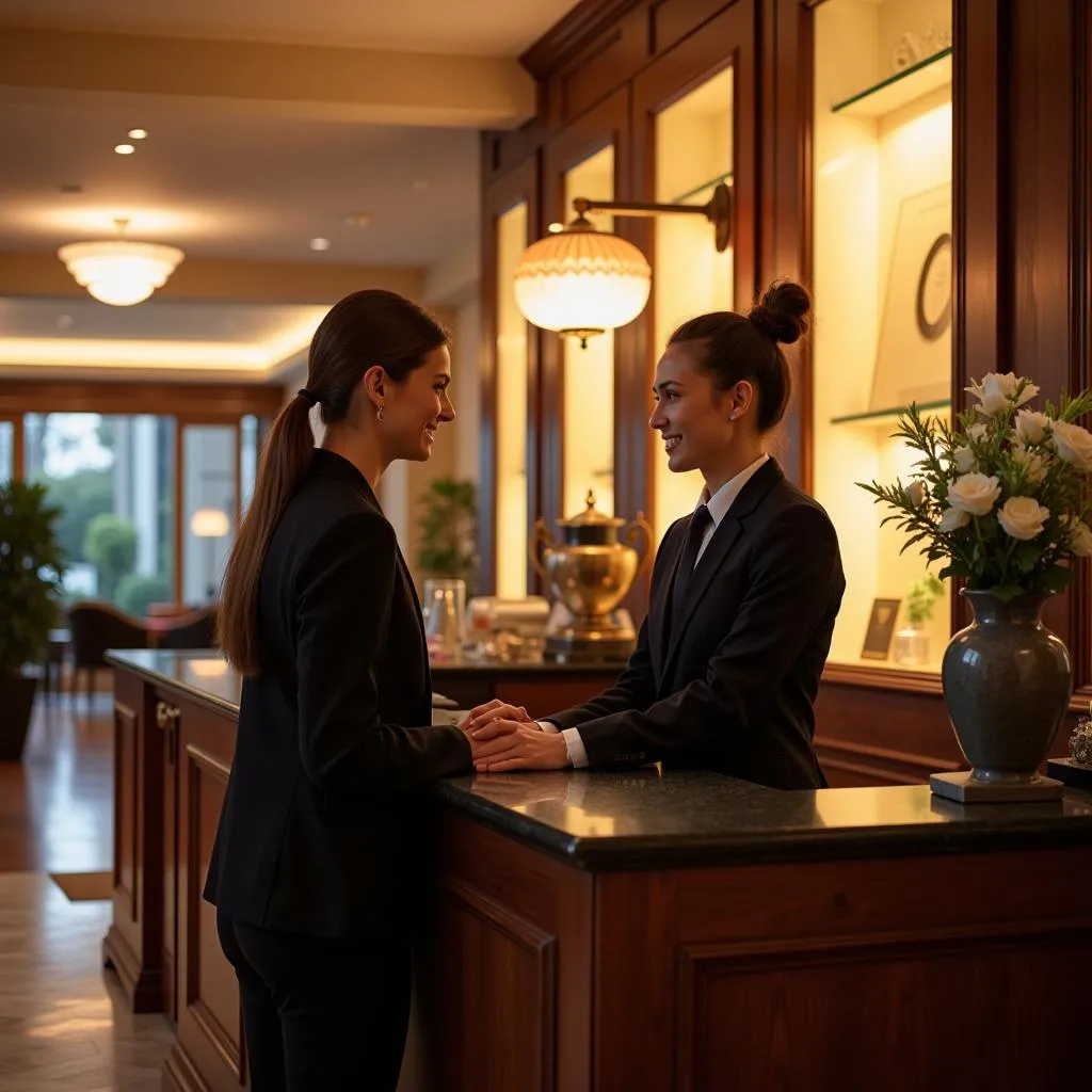 Friendly hotel concierge assisting guests with a warm smile