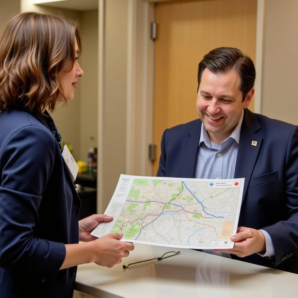 Friendly hotel concierge assisting guests with a city map