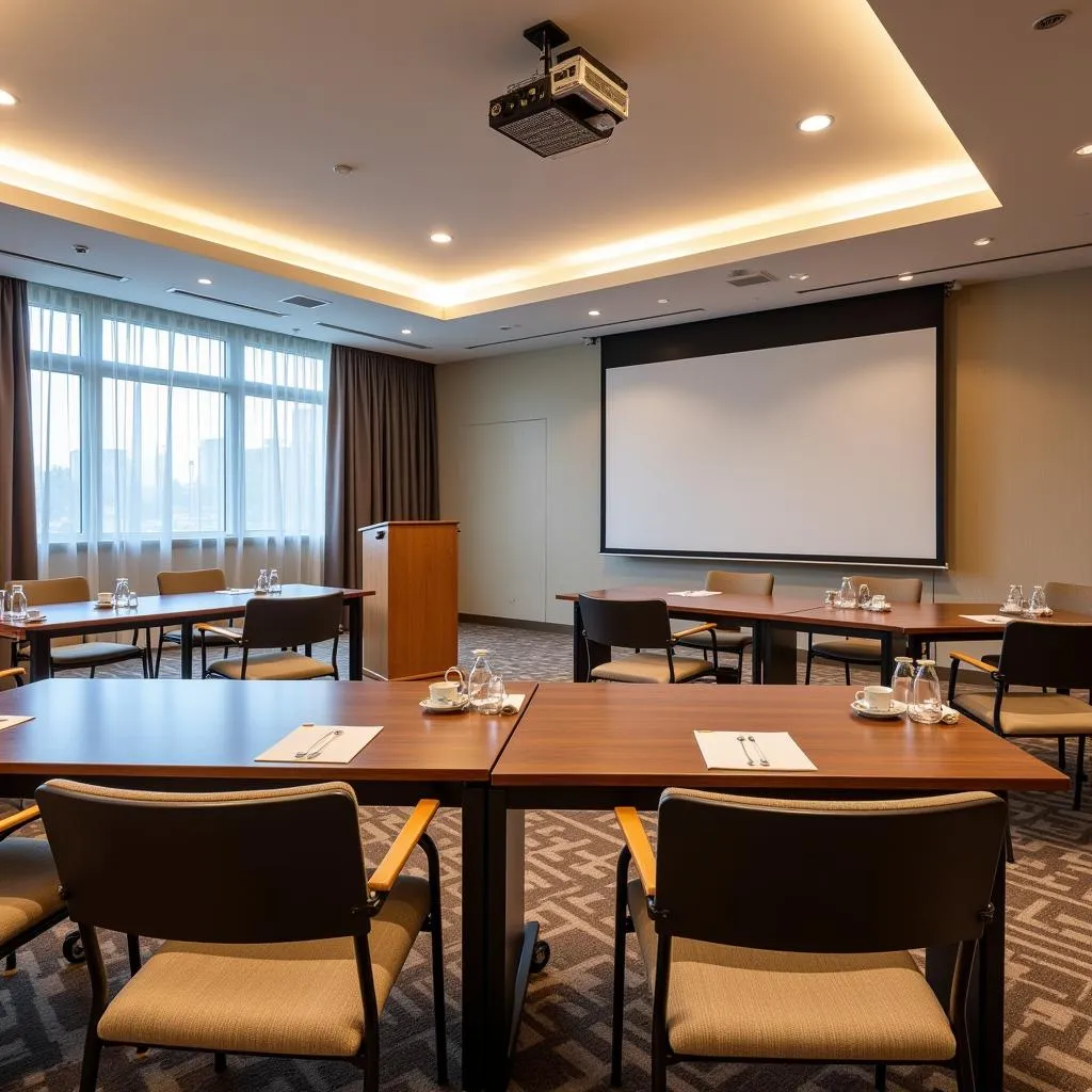 Conference room setup with tables, chairs, and AV equipment