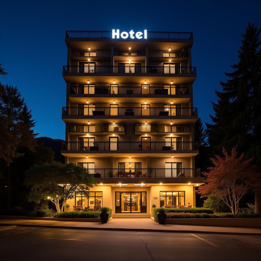 Hotel Exterior Illuminated at Night