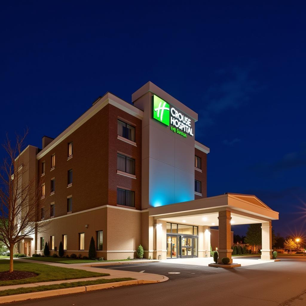 Exterior view of a hotel near Crouse Hospital at night