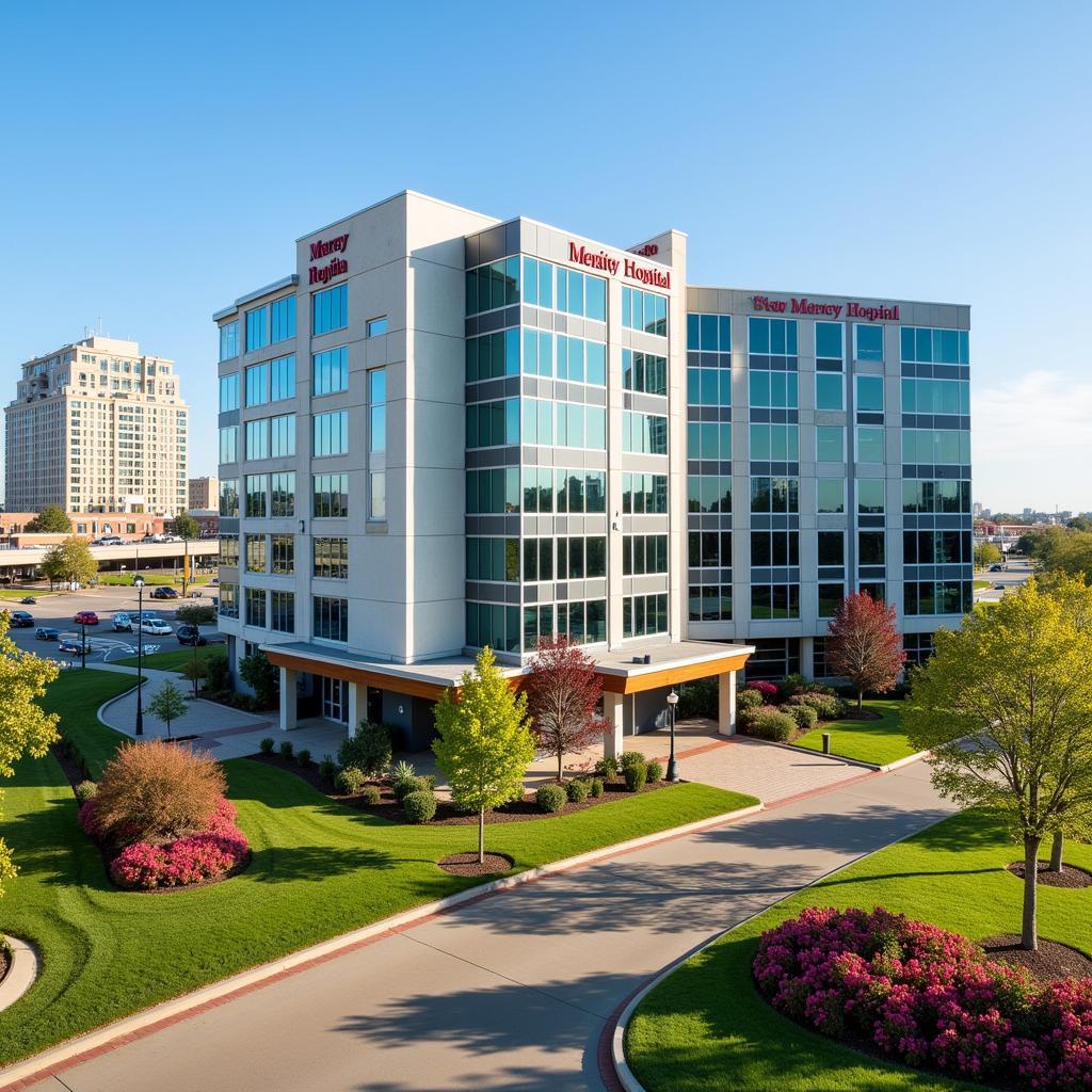 Modern hotel exterior with city skyline in the background