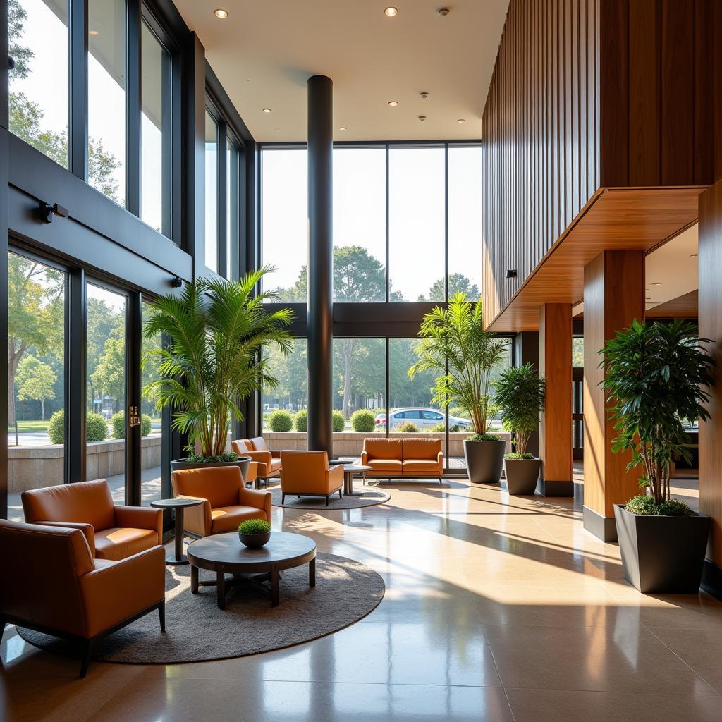 Spacious hotel lobby with comfortable seating and natural light