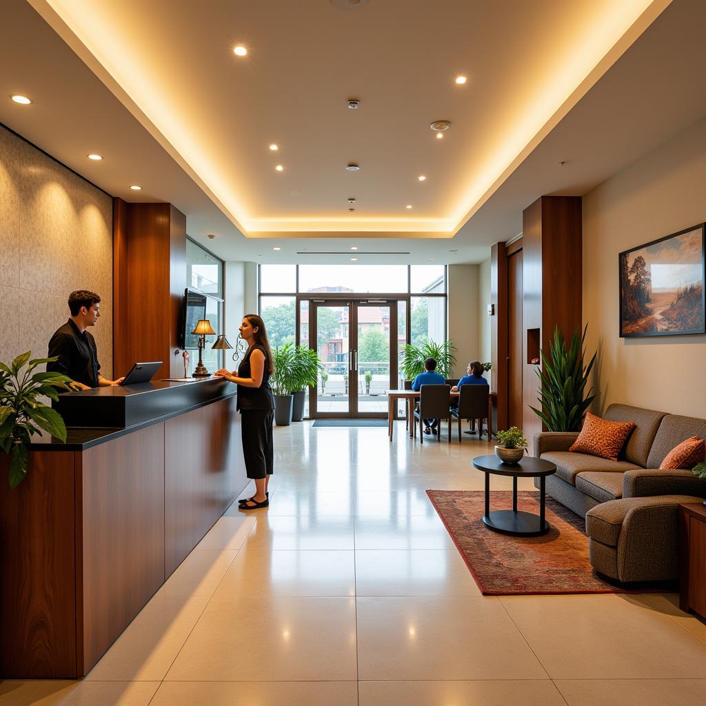 Welcoming hotel lobby with friendly staff assisting guests