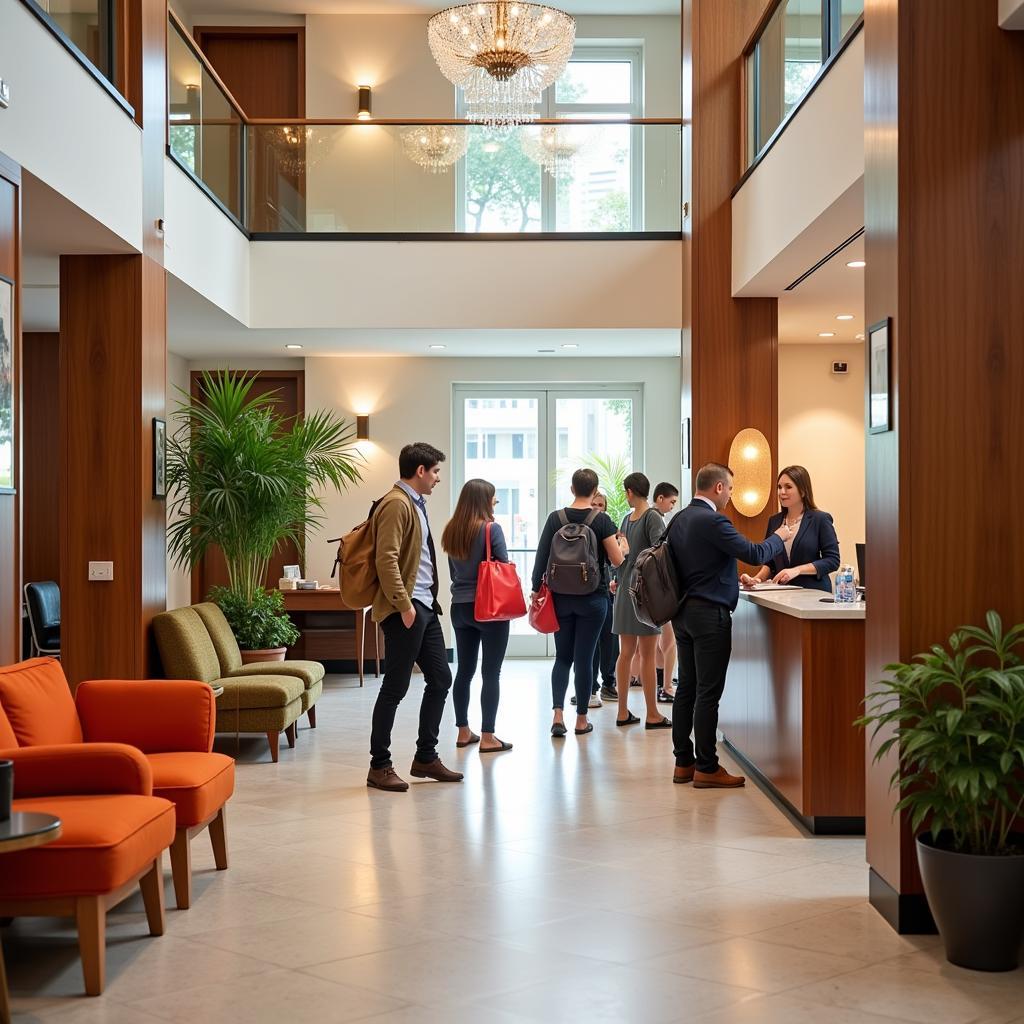 Hotel lobby with guests checking in