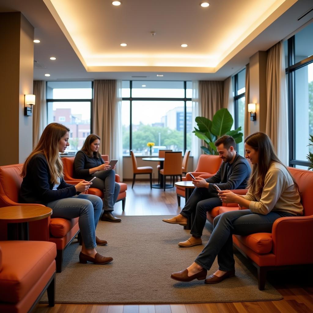  Modern hotel lobby with guests enjoying seamless wifi connectivity