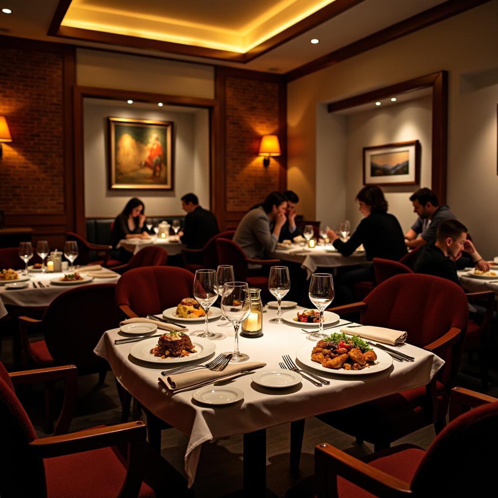 Elegant hotel restaurant with guests enjoying dinner and drinks in Morrisville, North Carolina