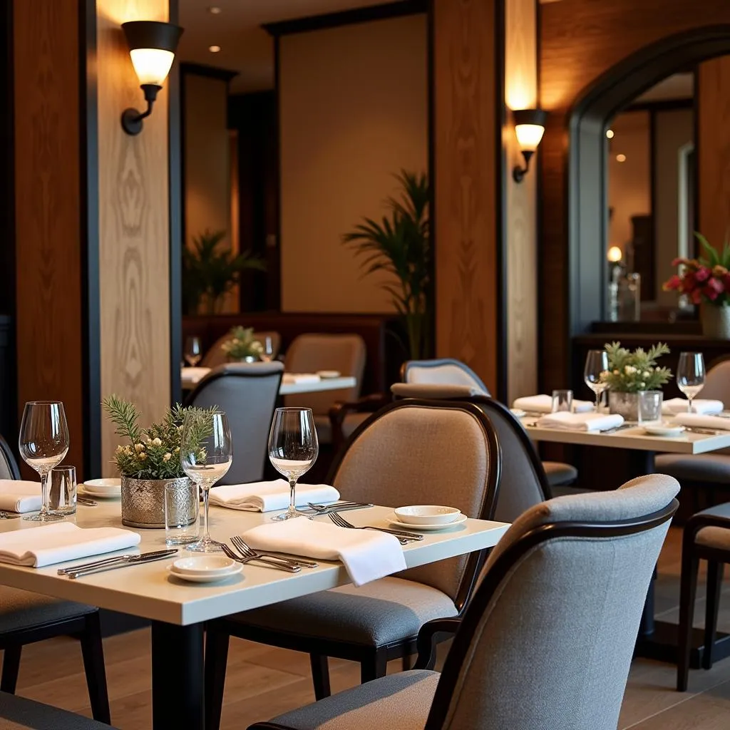 A sophisticated hotel restaurant featuring elegant Janus et Cie dining furniture