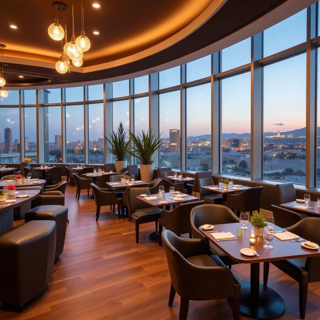 Upscale hotel restaurant with contemporary design and city views