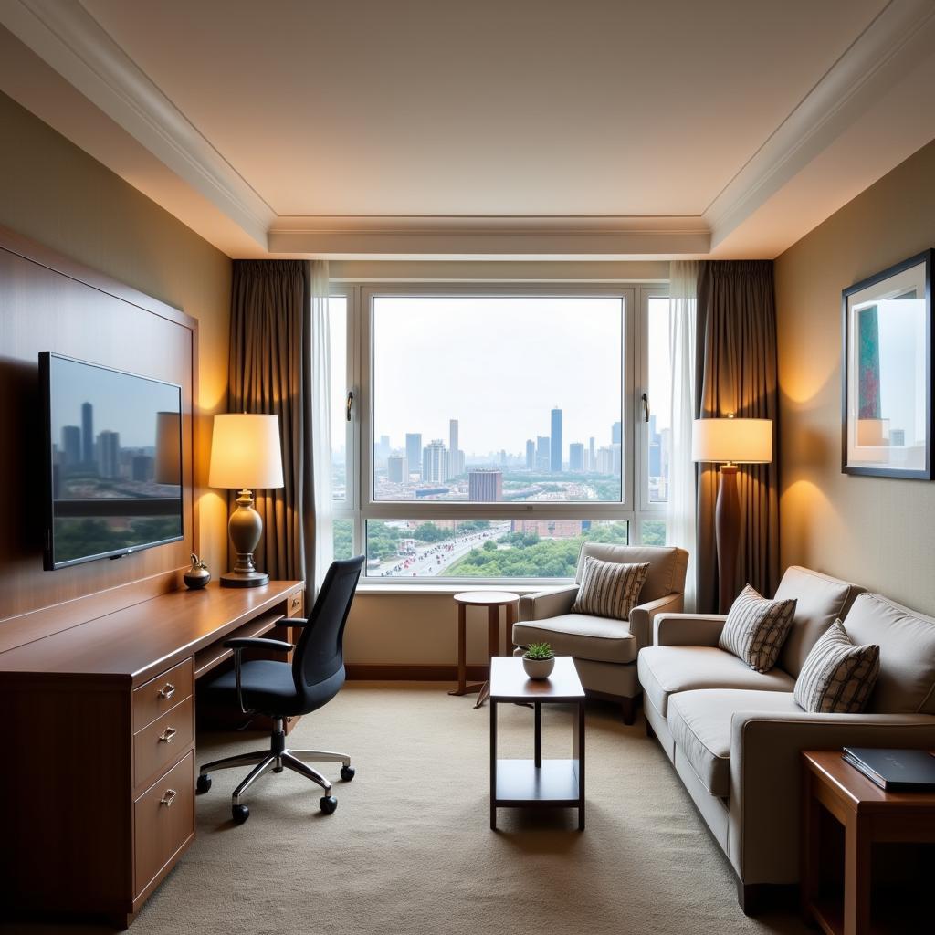 Spacious hotel room with work desk and city view