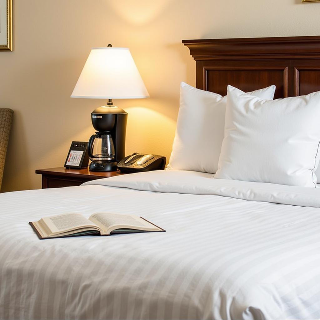 Close-up of hotel room amenities like a coffee maker and comfortable bed