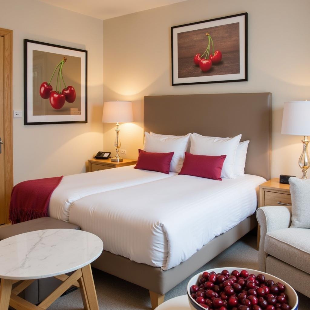 Hotel room with cherry-themed details