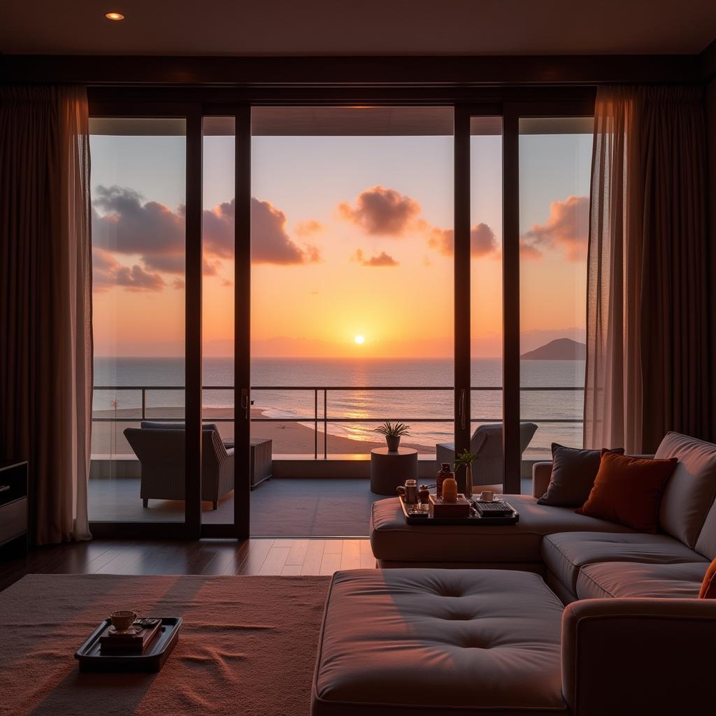 Luxury hotel room with an ocean view at sunset