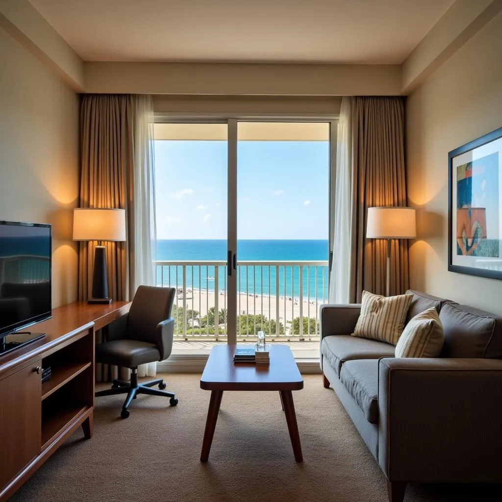 Spacious hotel room with balcony overlooking a sunny beach in Fort Lauderdale