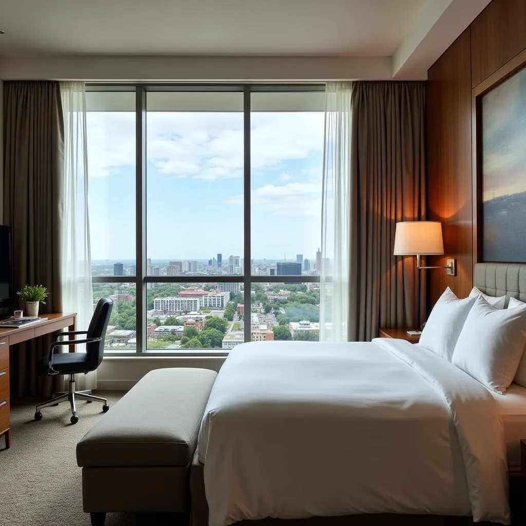 Spacious hotel room with a view of the city skyline