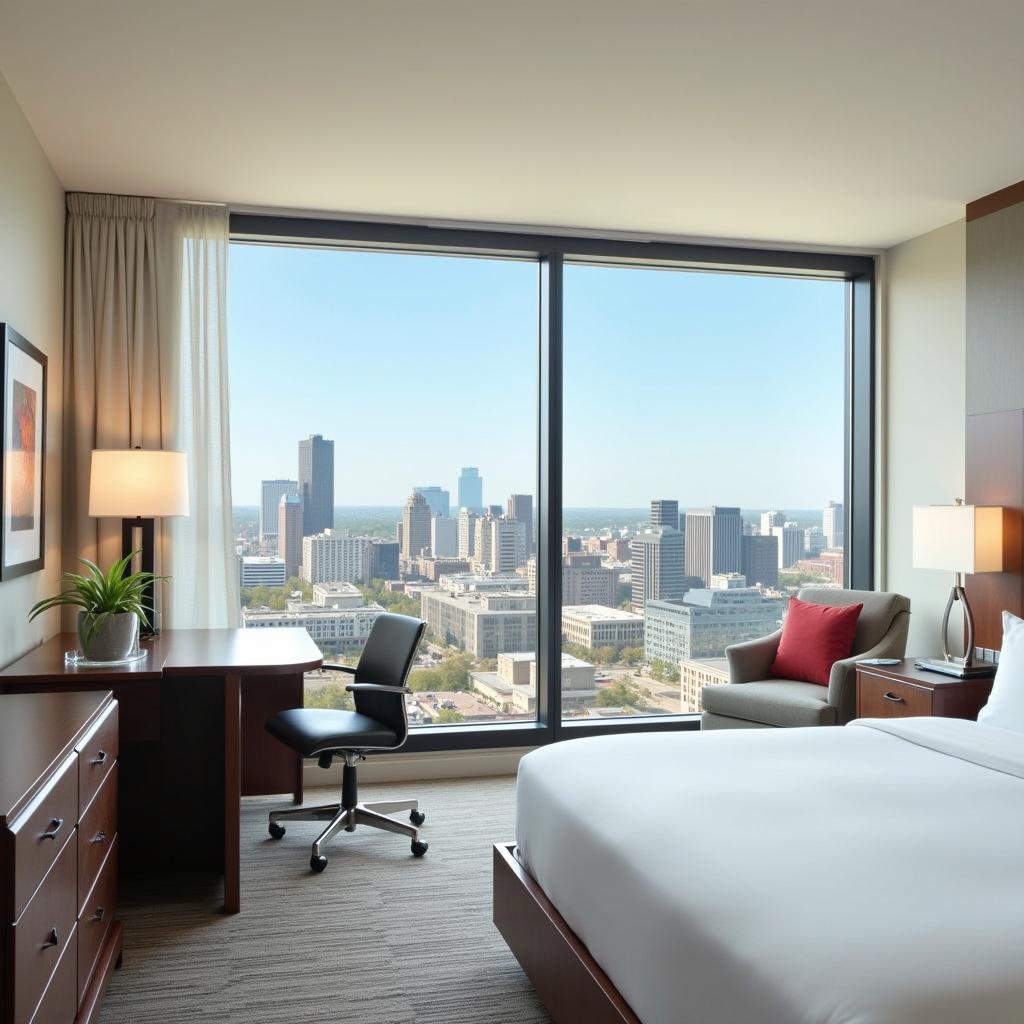 Spacious, well-lit hotel room with panoramic city views of St. Louis