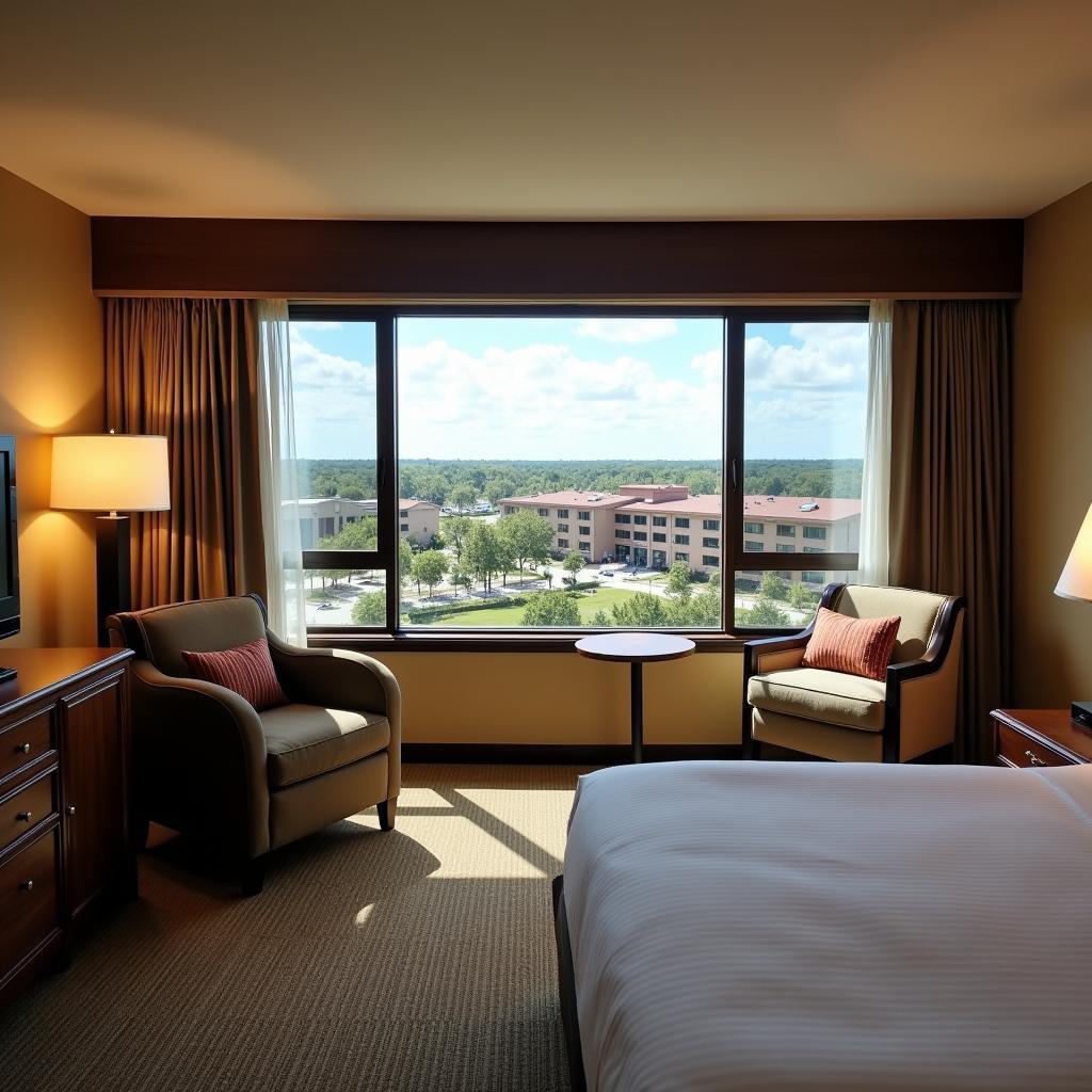 Spacious hotel room with a view overlooking West Florida Hospital