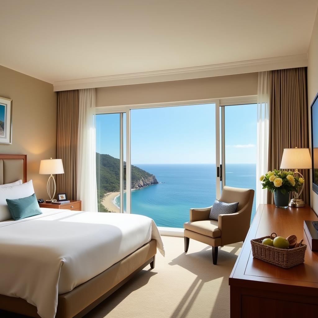 Spacious hotel room with a view overlooking the Pacific Ocean